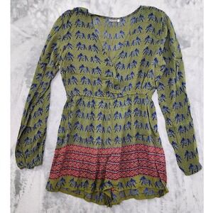 Earthbound Trading Co Romper Womens S Green Aztec Tribal Elephant Long Sleeve